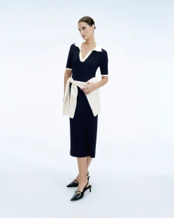 FROM FUTURE Robe Longue Manche Courte Navy Flash Sale