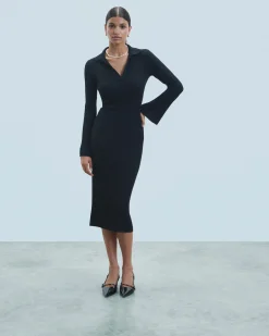FROM FUTURE Robe Longue Manche Longue Col Polo Noir Best Sale