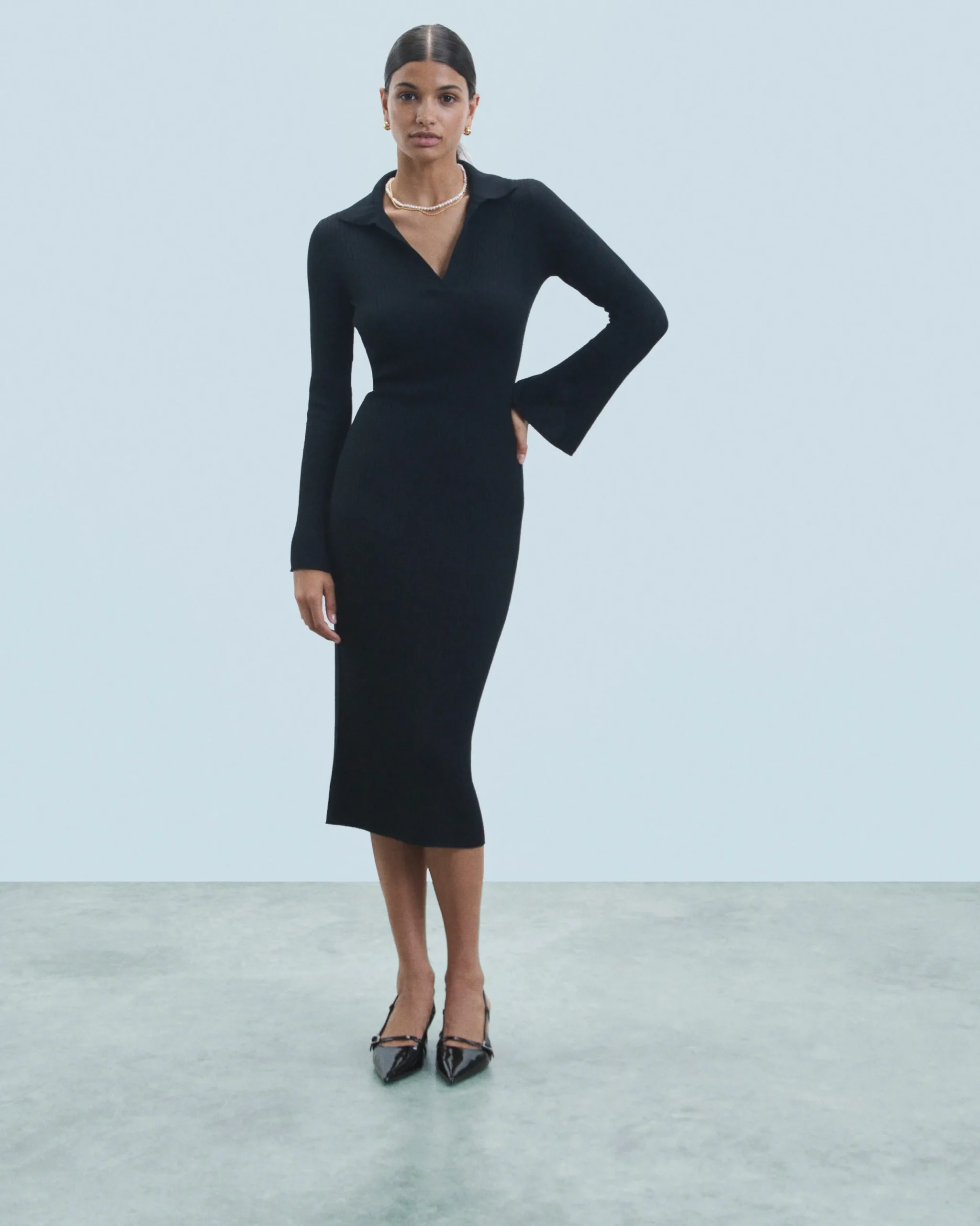 FROM FUTURE Robe Longue Manche Longue Col Polo Noir Best Sale