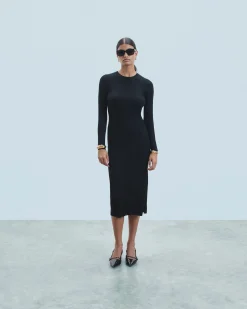 FROM FUTURE Robe Longue Manche Longue à Cotes Fendue Noir Best Sale