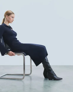 FROM FUTURE Robe Longue Manche Longue Col Polo Navy Hot