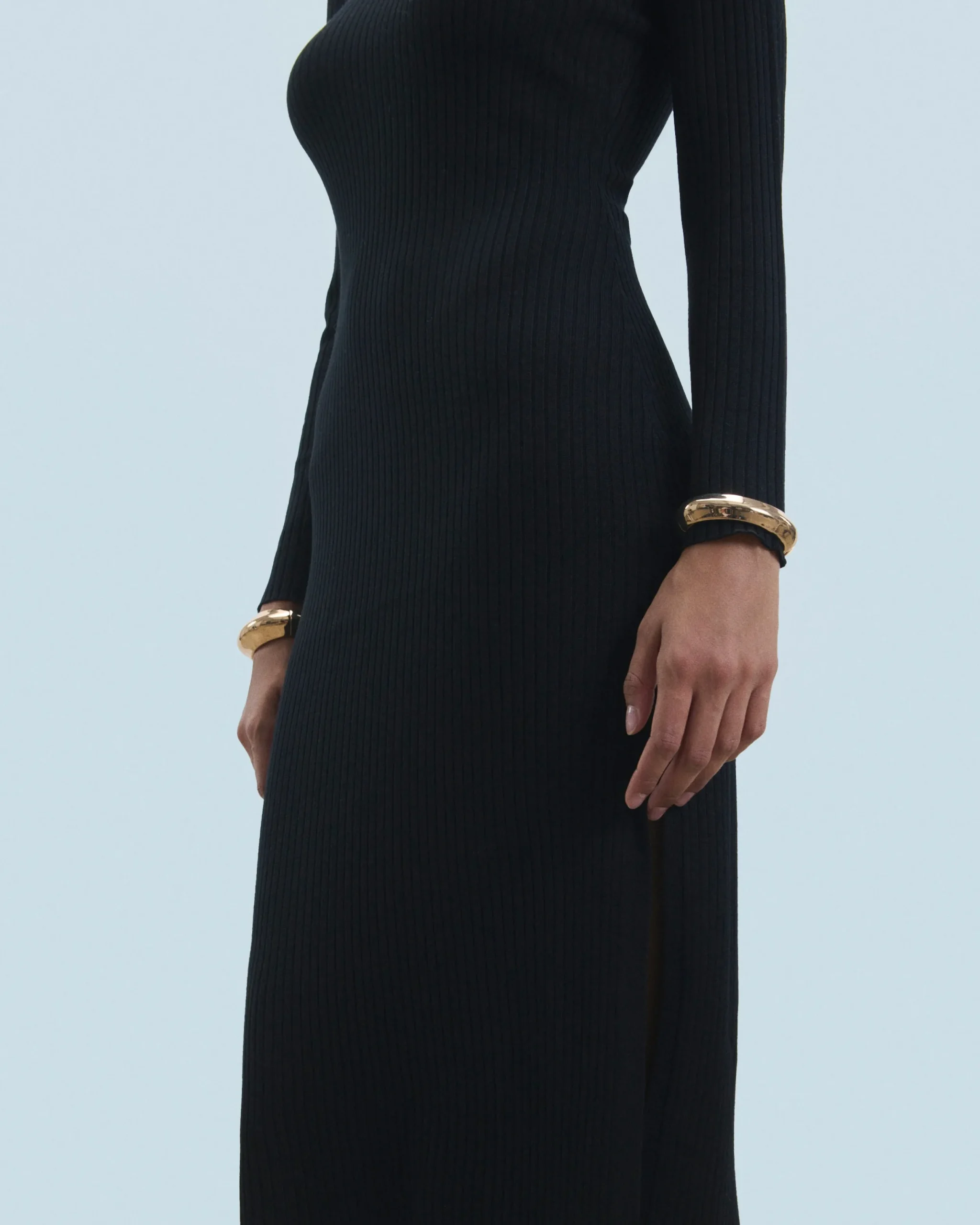 FROM FUTURE Robe Longue Manche Longue à Cotes Fendue Noir Best Sale