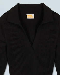 FROM FUTURE Robe Longue Manche Longue Col Polo Noir Best Sale