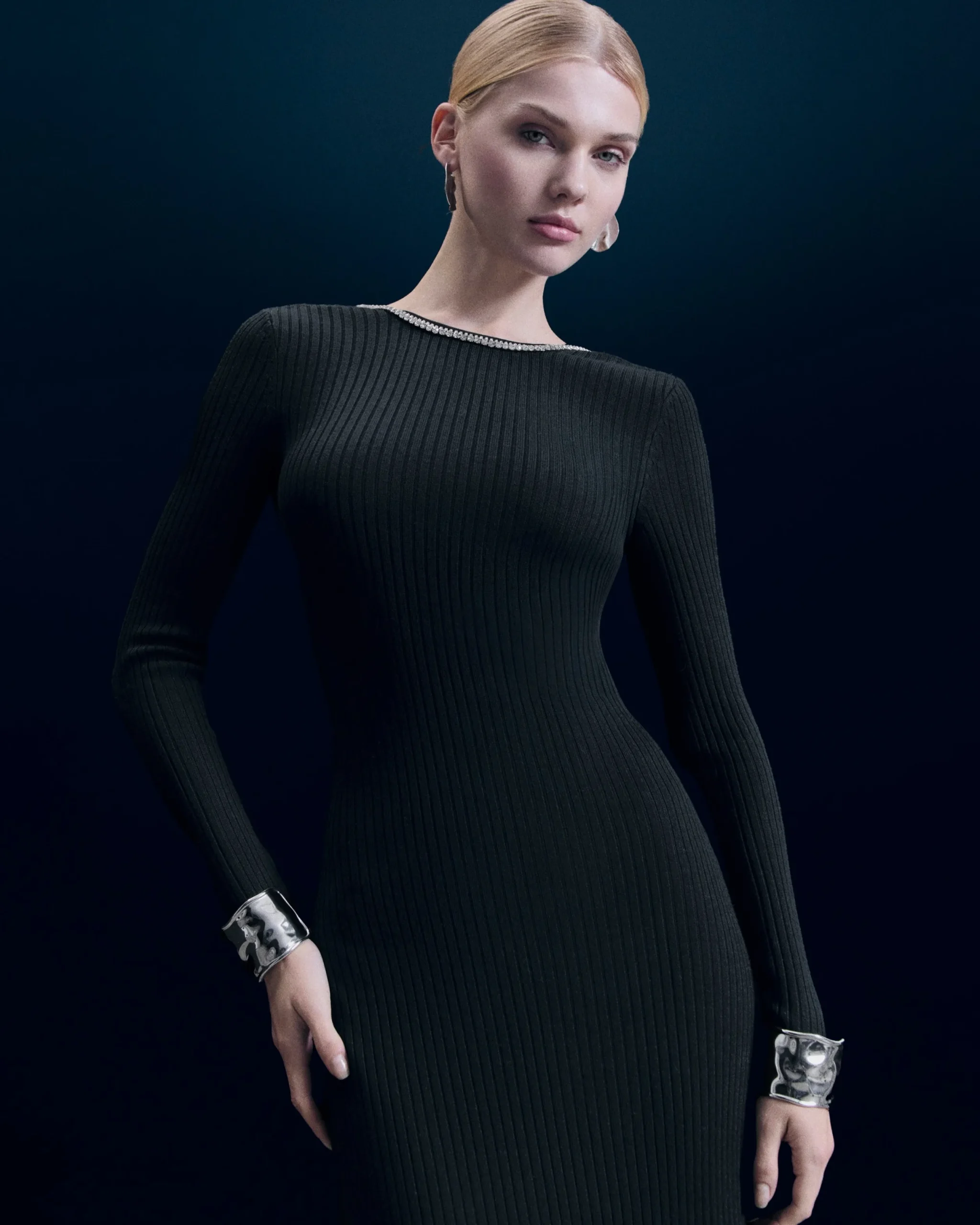 FROM FUTURE Robe Longue Manches Longues Noir Flash Sale