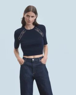FROM FUTURE Top Manches Courtes Ouvertures et Broderies Navy Best Sale