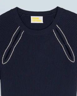 FROM FUTURE Top Manches Courtes Ouvertures et Broderies Navy Best Sale