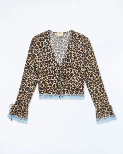 FROM FUTURE Top Manches Longues Bords Dentelle WinterLeopard Sale