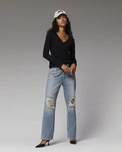 FROM FUTURE T-Shirt Col V Basique Manches Longues Navy Cheap